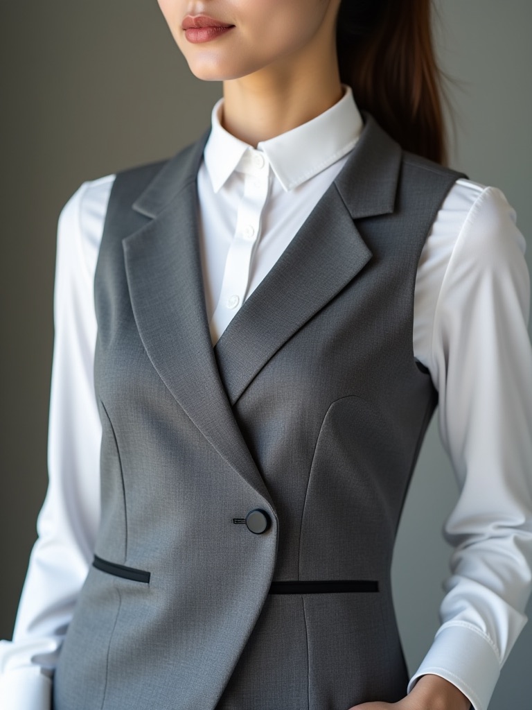 A model wearing a gray suit vest with white shirt.
