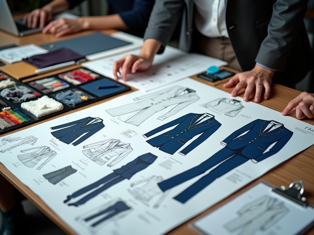 A group discussing fashion design with design documents on the table.