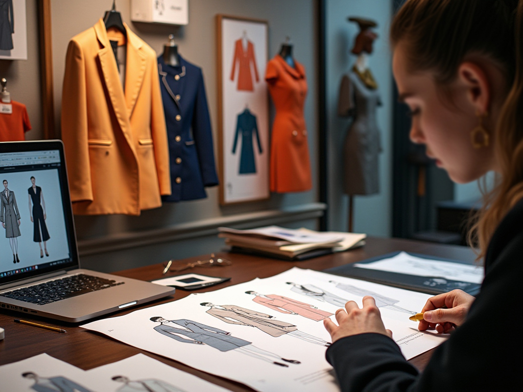 A designer at a fashion design table drawing.