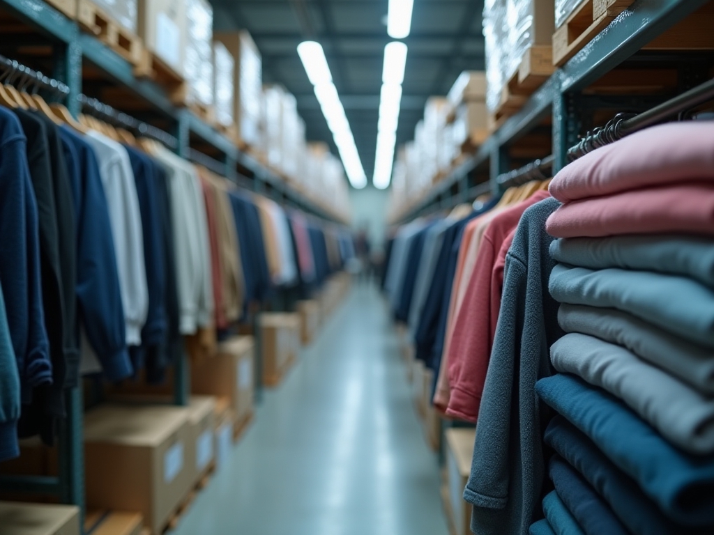 A fashion warehouse with different fabrics and samples.