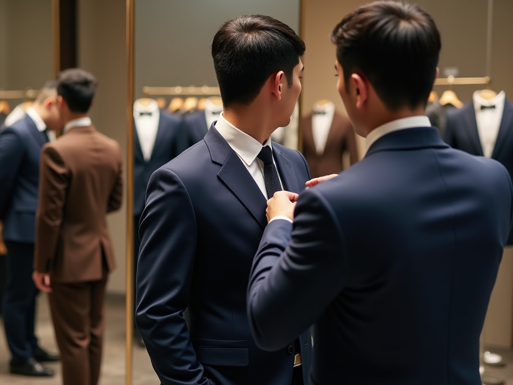 Tailor and model trying on a suit in a fashion fitting room