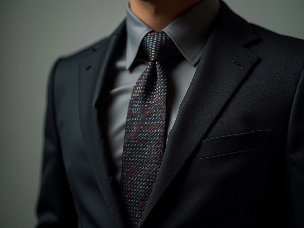A model wearing a black business suit with patterned tie.