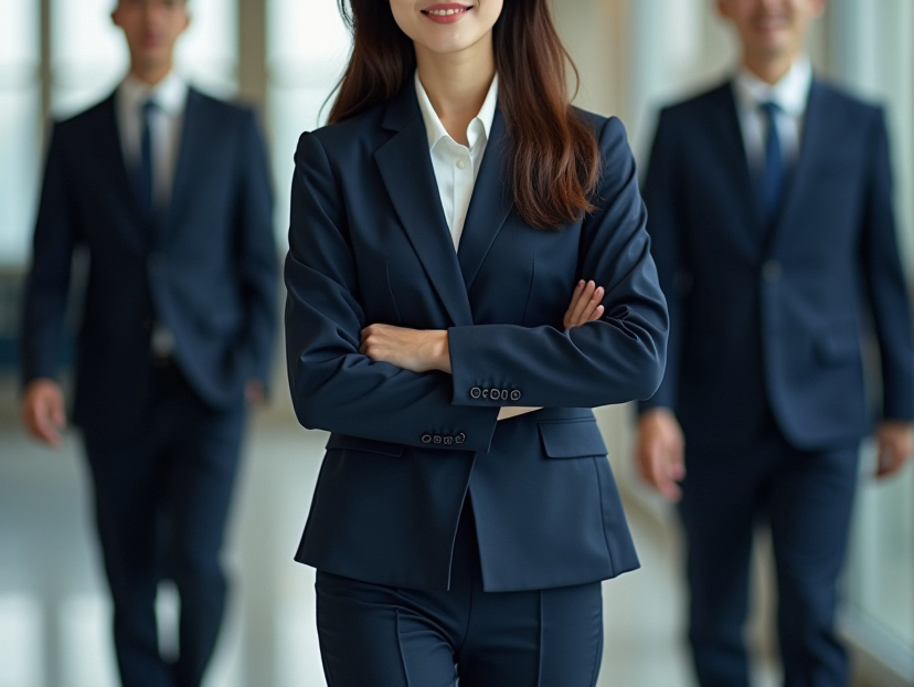 A model wearing a black business suit.