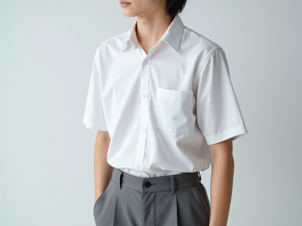 A model wearing a school uniform shirt with gray skirt.