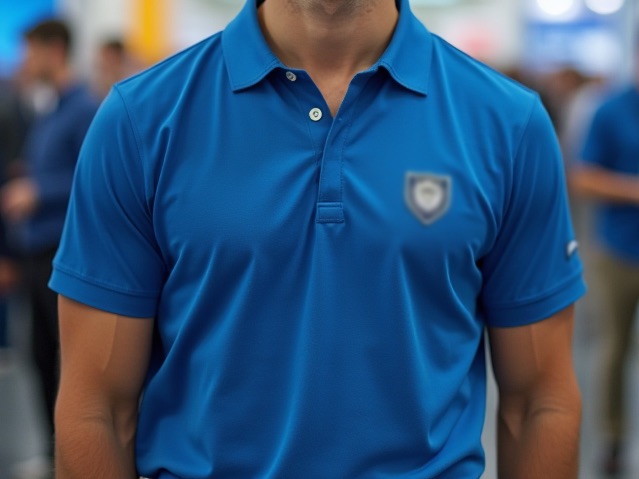 A model wearing a blue event polo shirt with a company logo.