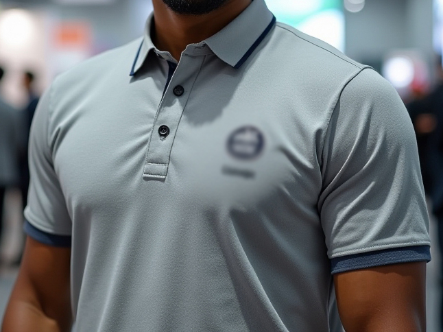 A model wearing a gray event polo shirt with a company logo.