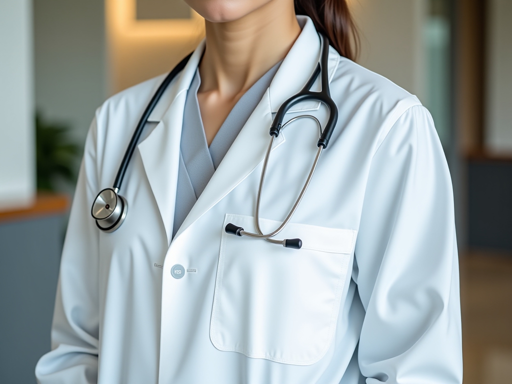 A model wearing a white hospital coat.