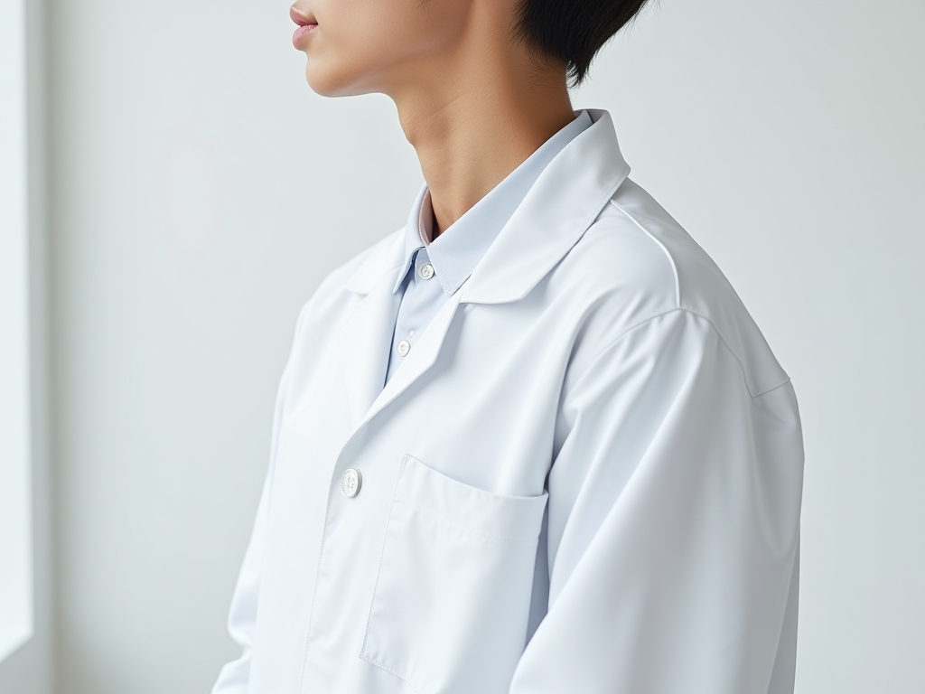 A model wearing a white hospital coat.