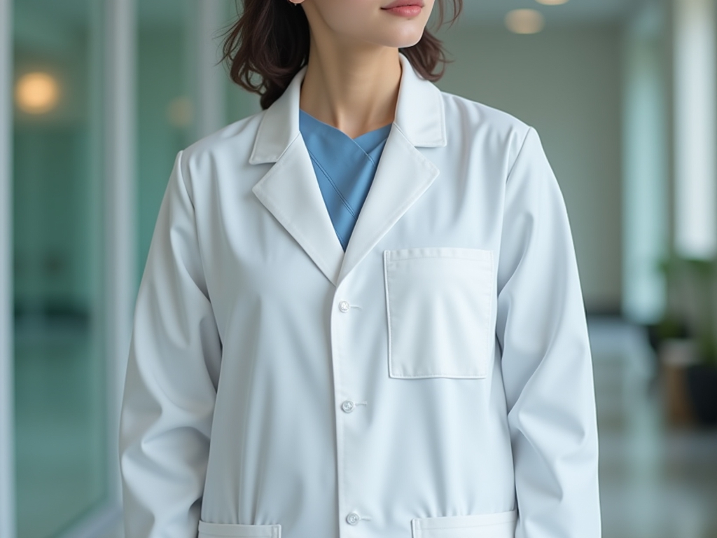 A model wearing a white hospital coat.