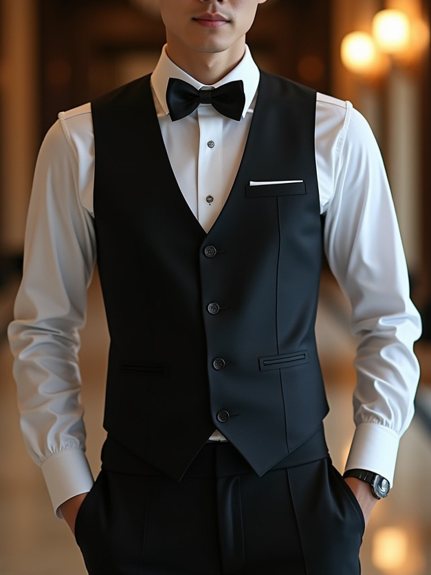 A model wearing a black suit vest with white shirt.