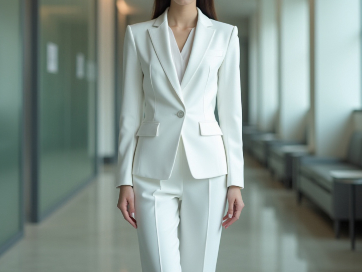 A model wearing an ivory suit and matching pants.