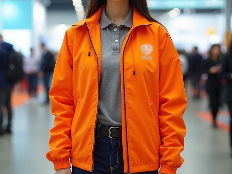 A model wearing an orange event jacket with logo.