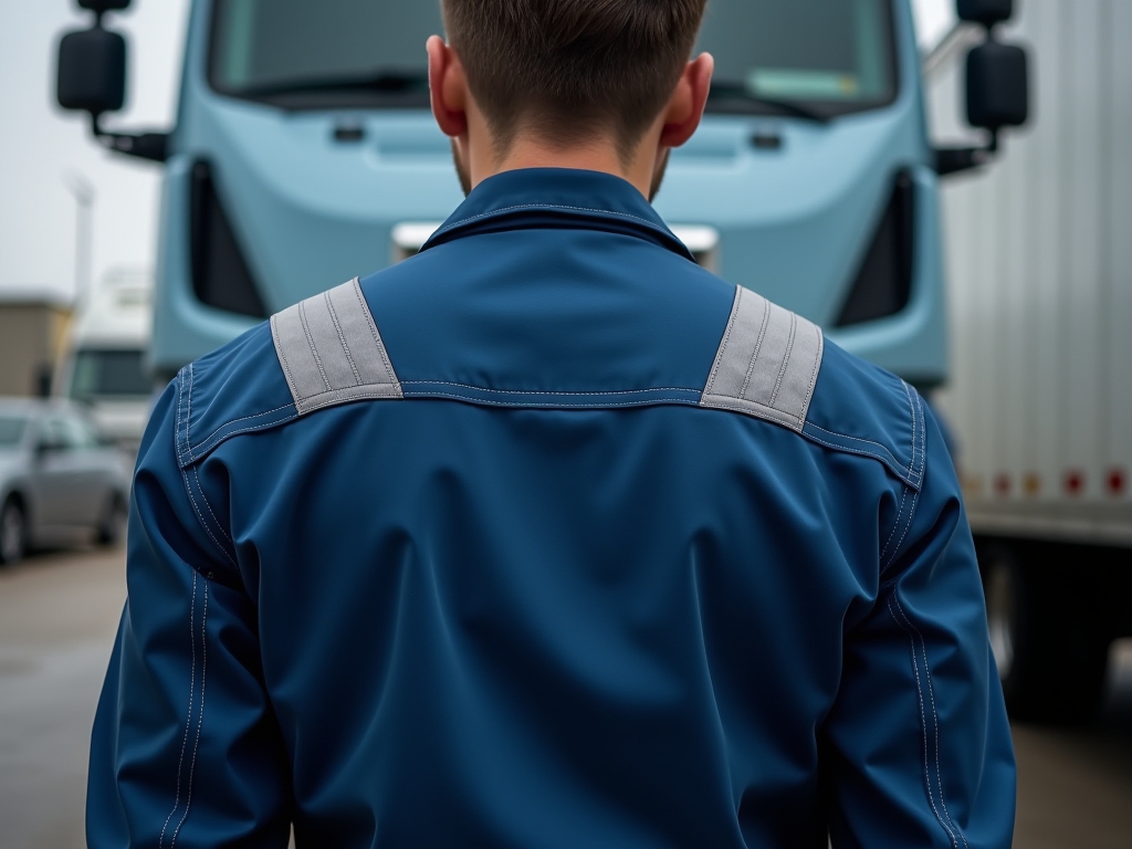 A model wearing a blue outdoor jacket with metallic stripes.