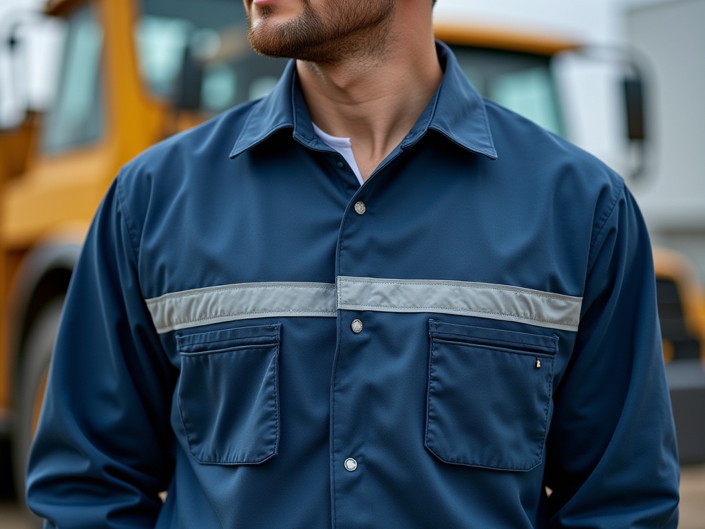 A model wearing a blue outdoor jacket with metallic stripes.