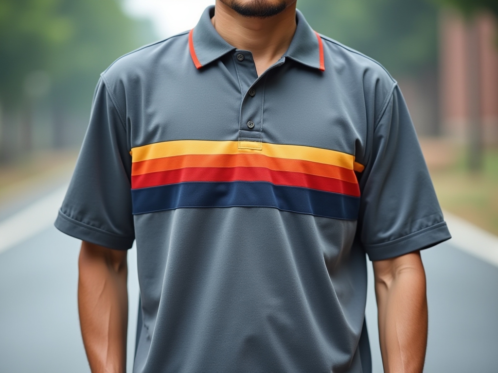 A model wearing a gray polo shirt with colorful stripes.