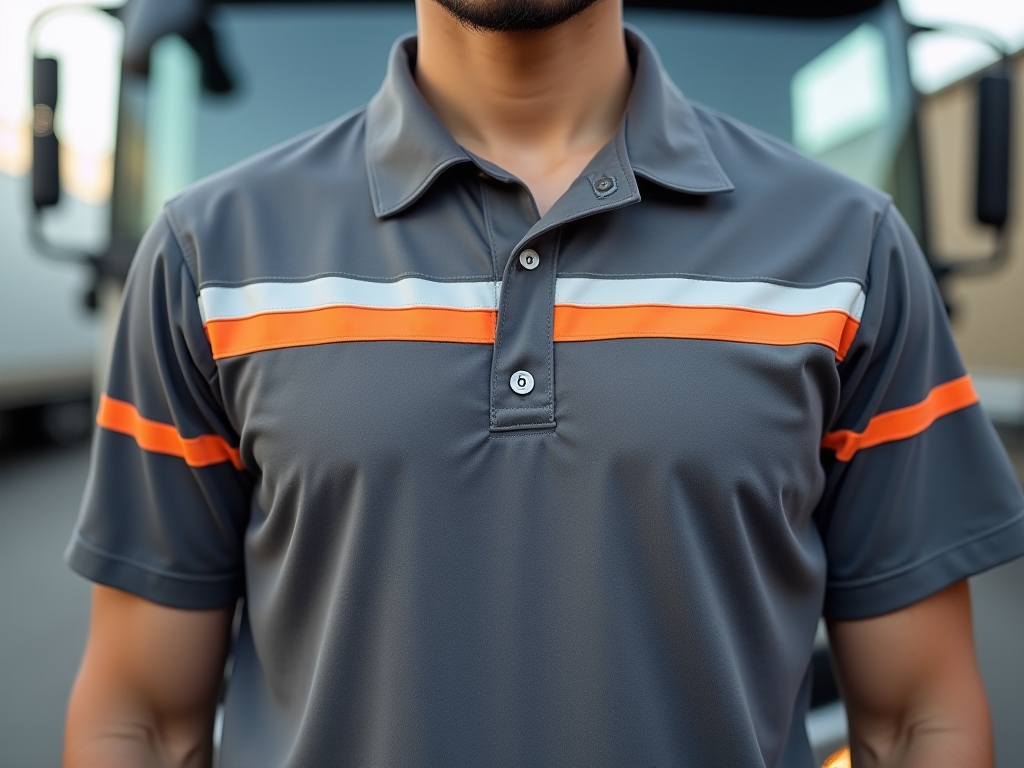 A model wearing a gray polo shirt with colorful stripes.