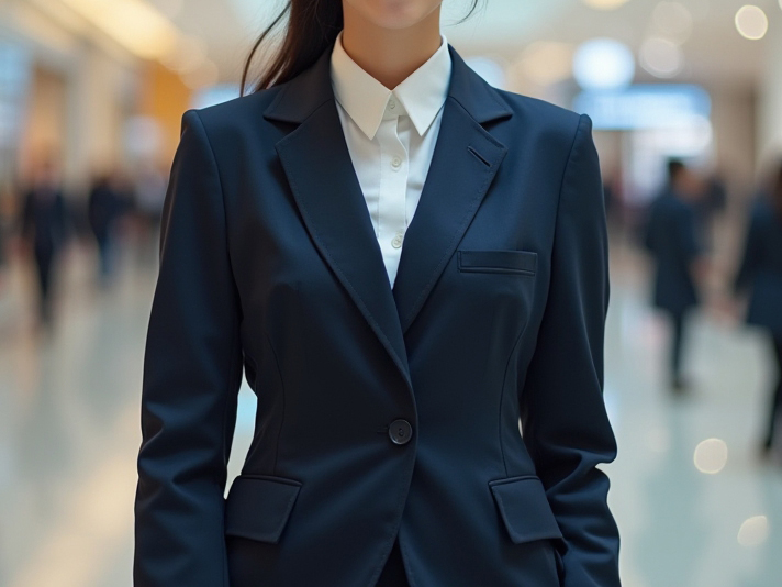 A model wearing a blue business suit.