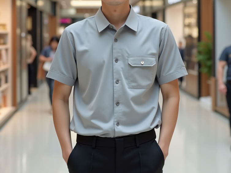 A model wearing a gray uniform polo shirt.