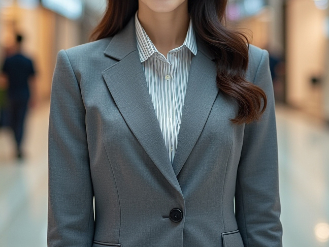 A model wearing a gray business suit.
