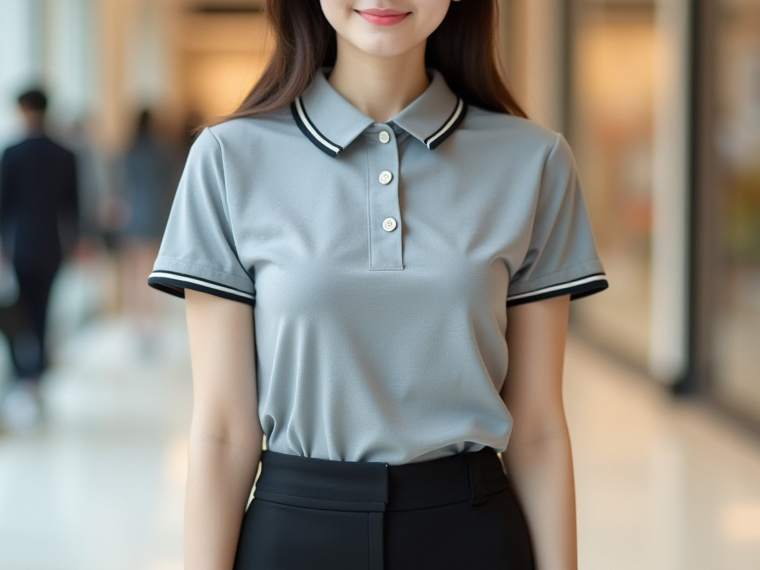 A model wearing a gray polo uniform shirt.