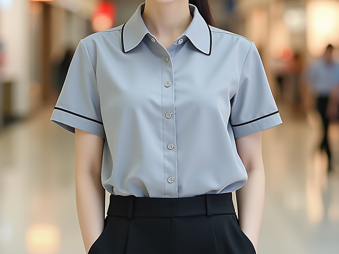 A model wearing a gray uniform shirt with black trim.