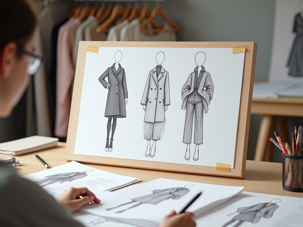 A designer drawing on a fashion design document.