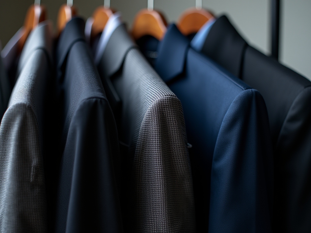 Suits with different design and texture hung on a rack.